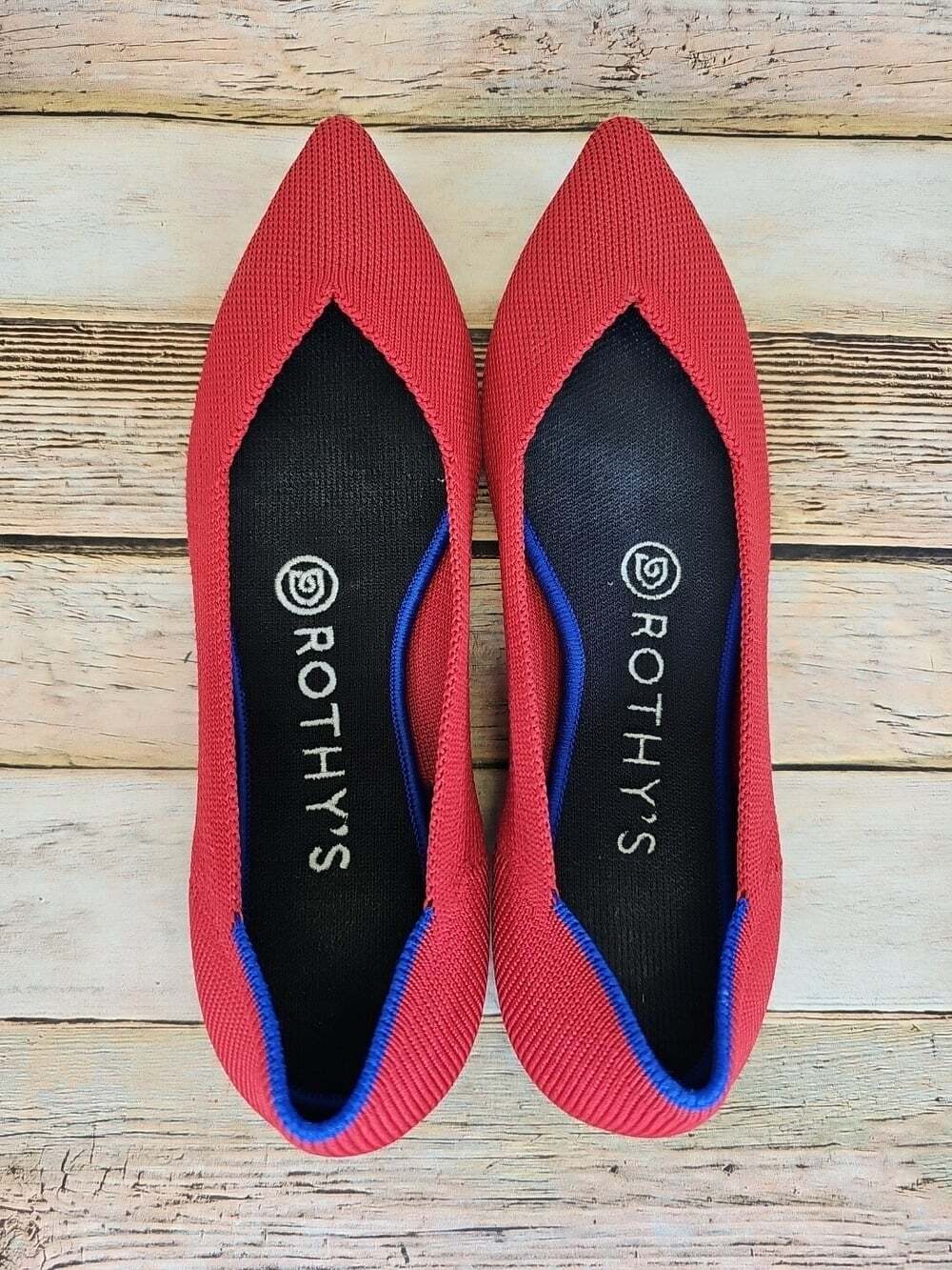 Rothy’s The Point Womens 6 Red Blue Trim Pointed Toe Slip on Ballet Flats EUC